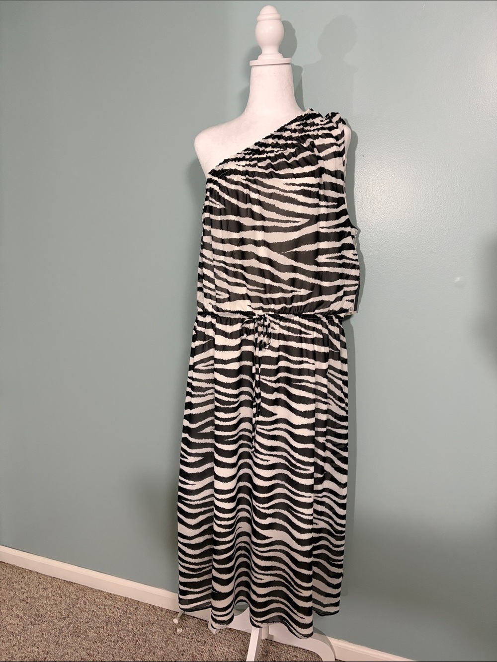 Worthington One-Shoulder Zebra Stripe Dress in Black and White